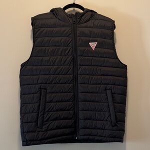 Guess Black Quilted Hooded Puffer Vest with Logo Patch
